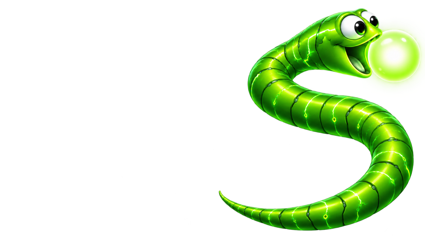 One neon-green cyber snake reaches for a glowing dot, its single continuous body curving across both guides into one tapered tail.