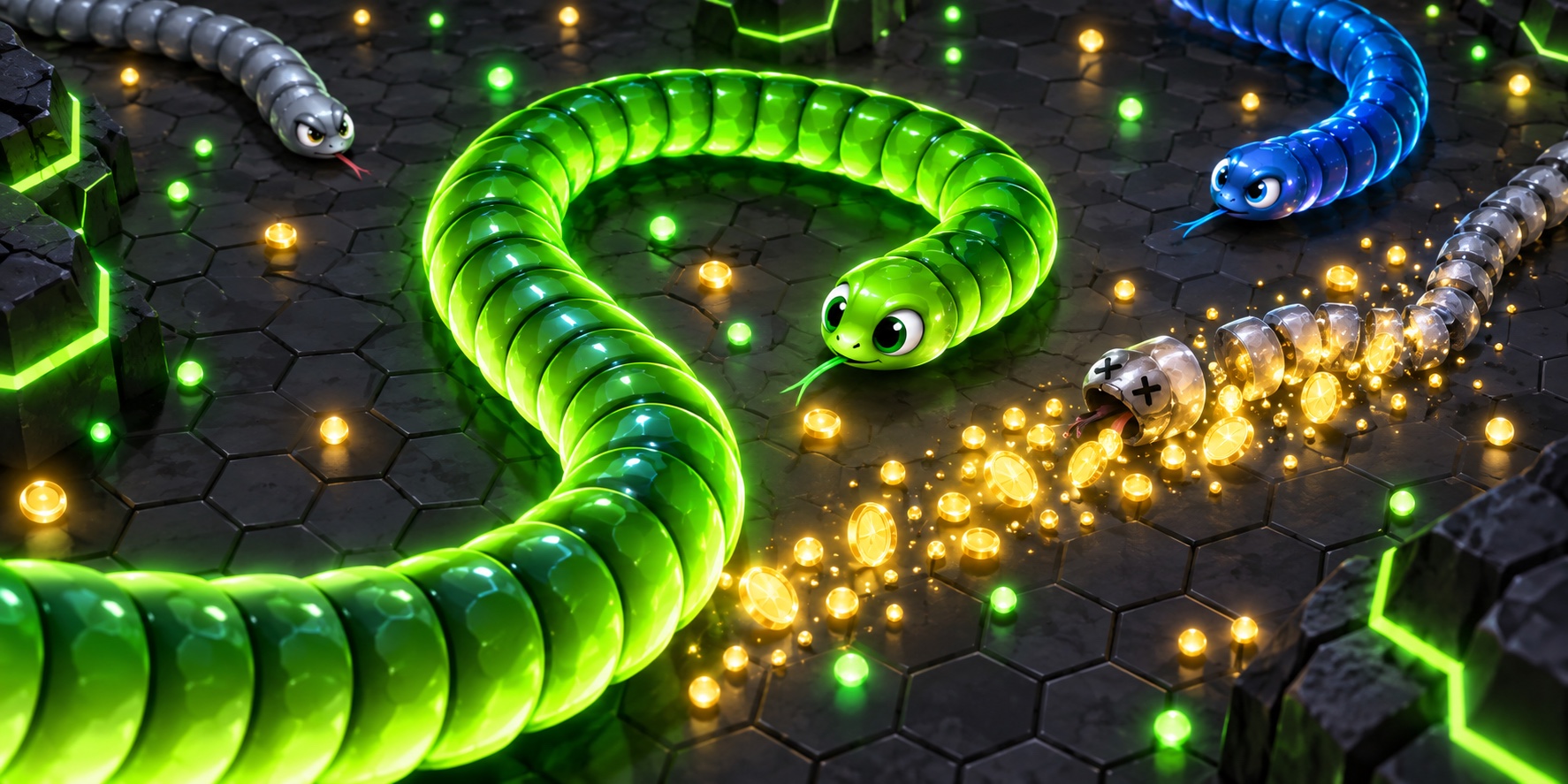 Cash Arena concept: rivals surround a growing green snake as an eliminated opponent leaves a trail of valuable tokens.
