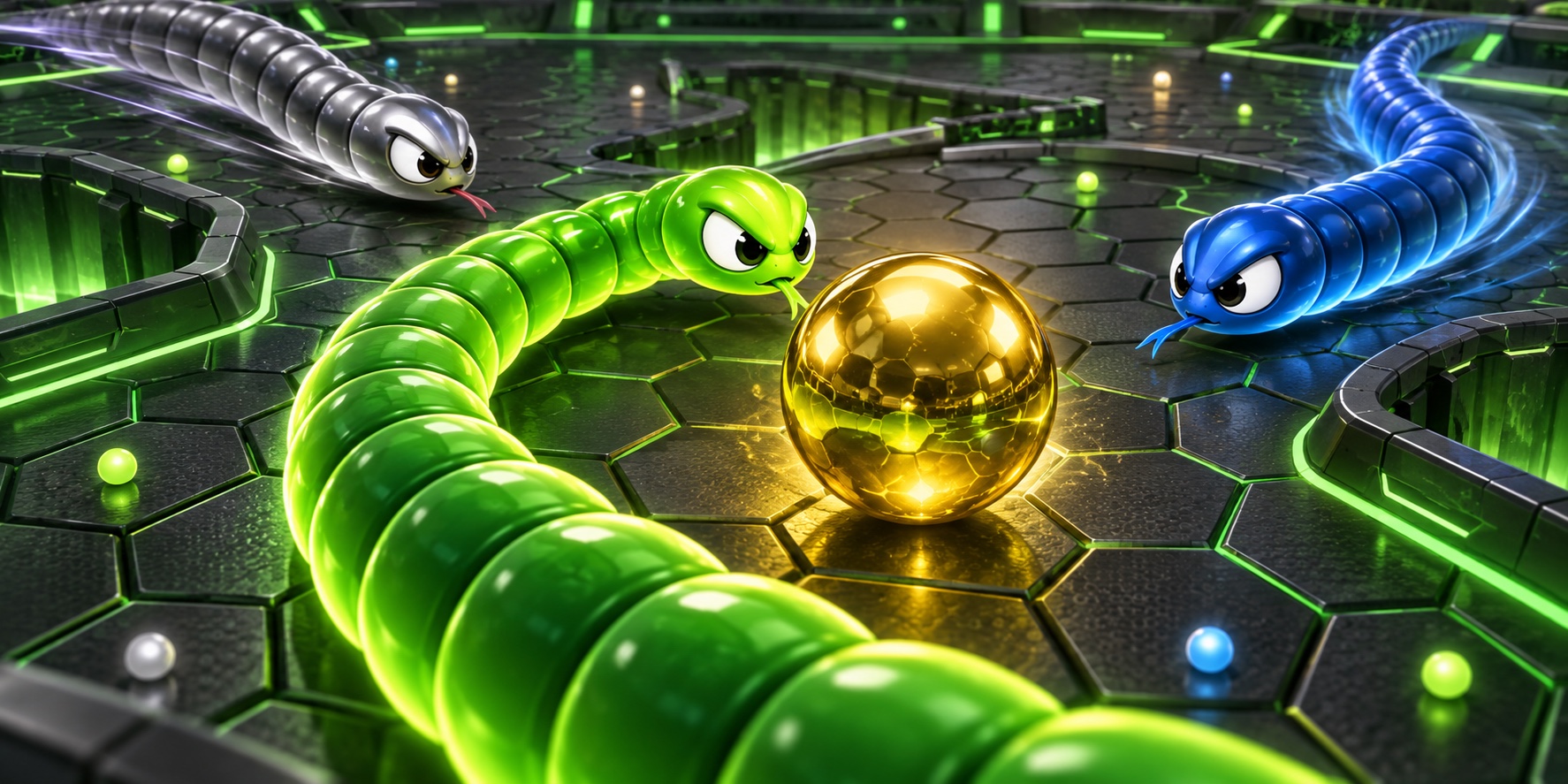 Golden Ball concept: three opponents converge on one golden jackpot ball in the arena.