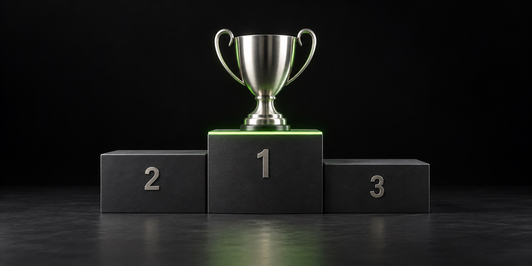Competitive Leagues concept: a silver trophy on a three-place charcoal podium with a subtle neon-green accent.